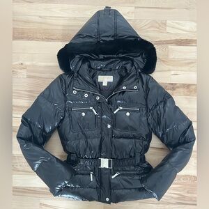 Michael Kors Glossy Down Puffer Jacket w/ Rabbit Fur Hood Trim | M